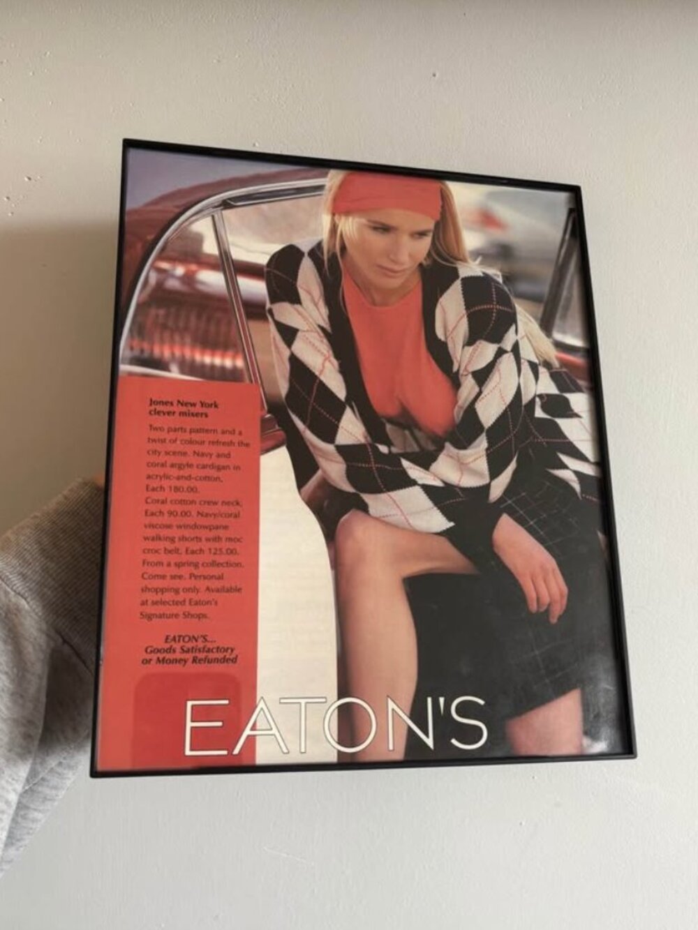 Vintage Eaton’s Framed Ad: 1980a Jones New York Argyle Cardigan